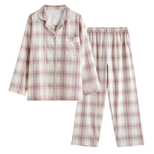 康妮雅睡衣女秋冬居家纯棉长袖长裤棉纱磨毛保暖格子家居服套装