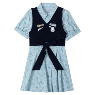 KEIKO 韩系高智感假两件式连衣裙26春季设计感系带收腰格纹衬衫裙