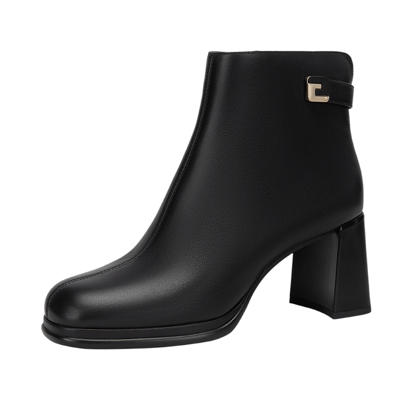 千百度时尚高跟羊皮靴百搭气质秋冬粗跟时装靴方头英伦风短靴女鞋