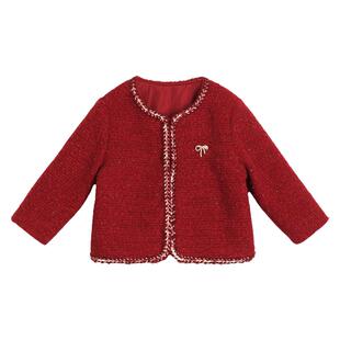 小o爸女婴童 宝宝夹棉外套女小香风2025冬季新款婴儿红色洋气棉服