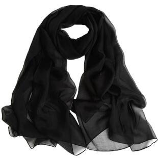 2025新款黑色丝巾女长款围巾黑纱薄款仿纯色真丝沙巾优柔雪纺纱巾