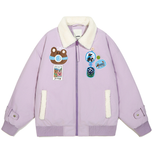 GUUKA紫色小熊刺绣羽绒服女冬短款 多巴胺90白鸭绒仿兔毛翻领外套