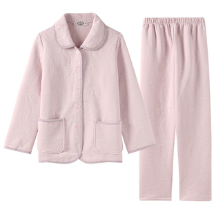 美标2025新款三层夹棉纯棉睡衣套装女秋冬空气棉全棉休闲家居服冬