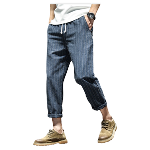 夏季薄款棉麻九分裤男款竖条纹裤子休闲八分9分裤8宽松直筒高级感