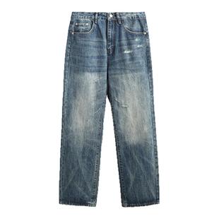 98SQUID 美式Vintage做旧磨破牛仔裤男女宽松直筒重磅质感长裤子