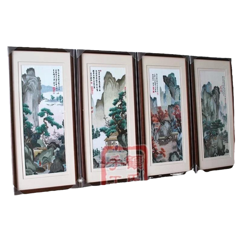 43*103顾氏苏绣唐寅山水风景挂画 竖版4联画新中式复古春夏秋冬