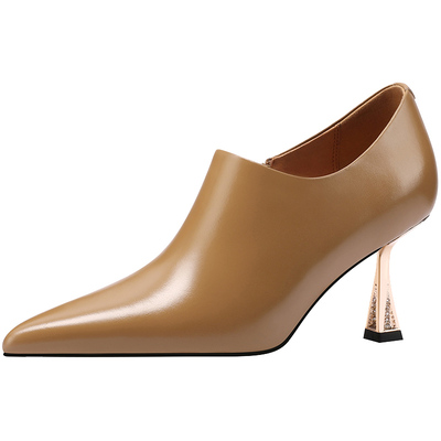 复古黄棕色牛皮细跟尖头深口单鞋