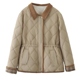 大码女装仿兔绒毛格纹撞色夹棉棉服外套女秋冬季抽绳计感棉袄上衣