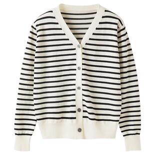 黑白条纹针织衫女长袖V领显瘦上衣春季软糯慵懒毛衣气质开衫外套