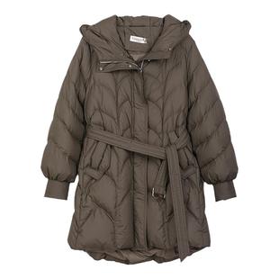 诗梦女装冬季新款卡其灰色收腰羽绒服中长款腰带连帽休闲白鸭绒