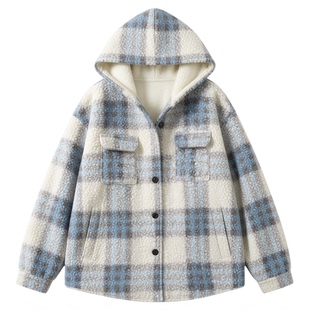 毛呢外套男生秋冬季新款加绒加厚青少年棉衣格子帅气保暖棉服男装