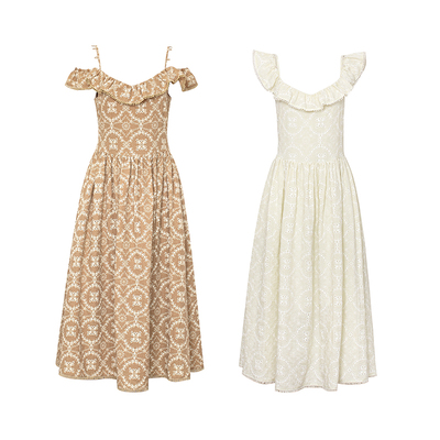 TOP家 柔光滤镜 法式复古温柔感 镂空绣花多穿荷叶边吊带连衣裙