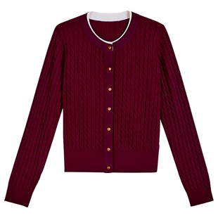 YINER音儿专选2026春季新款复古优雅绞花肌理羊毛羊绒混纺针织衫