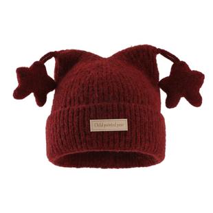 儿童帽子冬季女童红色加绒星星毛线帽新年圣诞男孩宝宝针织套头帽