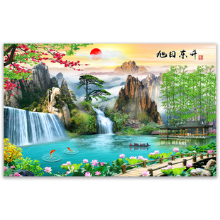 山水画风景画自粘背景墙贴画壁画客厅办公室装饰画墙画贴纸防水