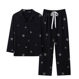 芬腾可安长袖睡衣女款2025新款秋春季纯棉布料100全棉纯黑家居服
