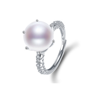 京润珍珠如真银S925淡水有核珍珠戒指11-12mm圆形简约百搭款戒指D