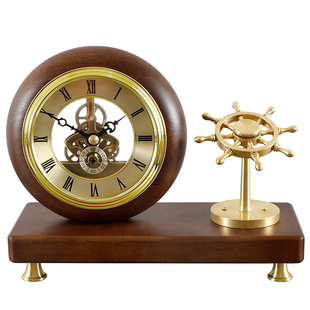 创意仿机械座钟实木复古罗马数字钟表黄铜船舵装饰摆件台钟HD556