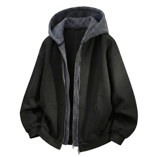 男士黑色假两件开衫卫衣男款2026新款美式连帽拉链外套男撞色上衣