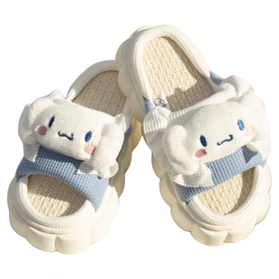 三丽鸥亚麻拖鞋女四季棉麻拖鞋厚底室内居家地板防滑透气吸汗软底