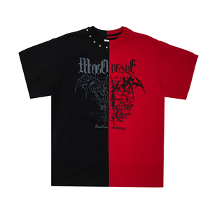 【明星同款】MOGONGSHE*美式短袖高端潮牌t恤黑红拼接撞色红上衣