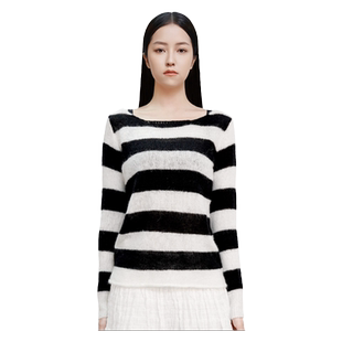 BM针织毛衣2026新款黑白条纹一字领复古慵懒风马海毛早秋露背毛衣