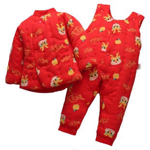 婴幼儿棉花敞脚闭裆套装按扣到底冬季加厚保暖男女宝宝纯棉手工