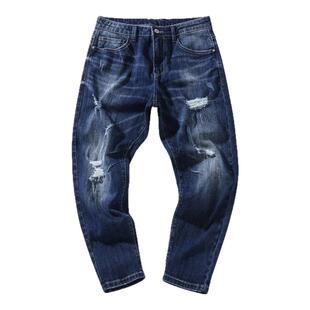 夏季薄款破洞九分牛仔裤男大码破烂漏洞露肉哈伦裤潮牌9分小脚裤