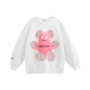 童装女童白色小熊卫衣韩系甜美时髦洋气中大童圆领长袖女孩上衣