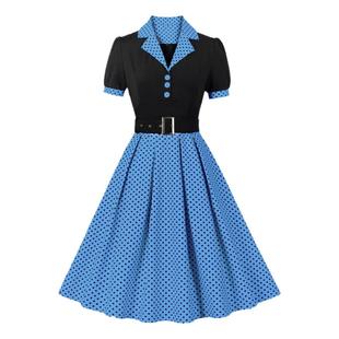 复古港风赫本气质polo翻领波点拼接大摆表演出连衣裙女装春夏裙子