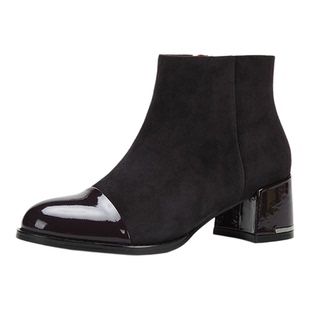 羊京牛漆皮Aee爱意 蓝色紫色圆头方粗跟拼接知性赫本风短靴低筒靴