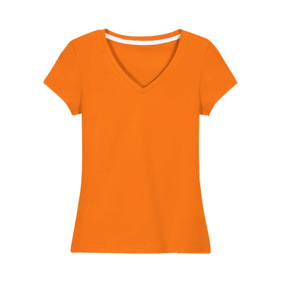 橙色v领t恤女夏季露锁骨修身显瘦