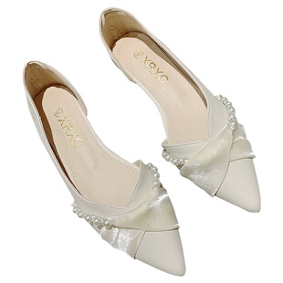 甜美珍珠装饰侧空软底瓢鞋女2025年新款简约百搭浅口尖头平底单鞋