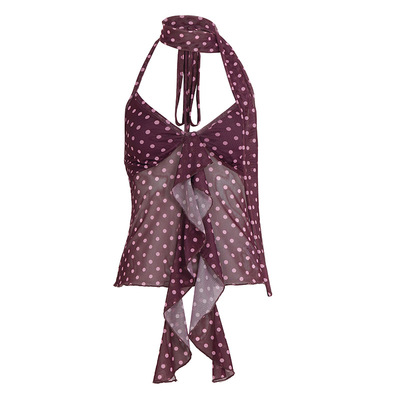 荷叶边网纱波点印花围脖飘带背心