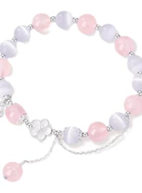 桃花粉水晶手链女款2025年新款S999足银轻奢小众精致手串生日礼物