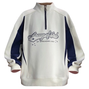 秋冬新款高品质青少年加绒加厚半高领卫衣设计有型保暖撞色卫衣