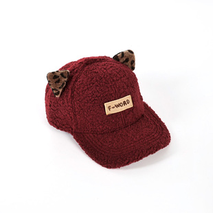 儿童羊羔毛绒棒球帽保暖防风防寒可爱豹纹猫耳朵女童鸭舌帽亲子款