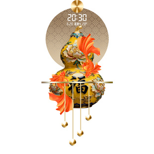 新中式福字玄关装饰画珐琅彩葫芦挂画创意万年历时钟挂画立体发光