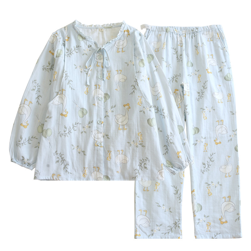 春夏季纯棉纱布月子服大码孕妇睡衣产后产妇4月份5哺乳喂奶衣套装