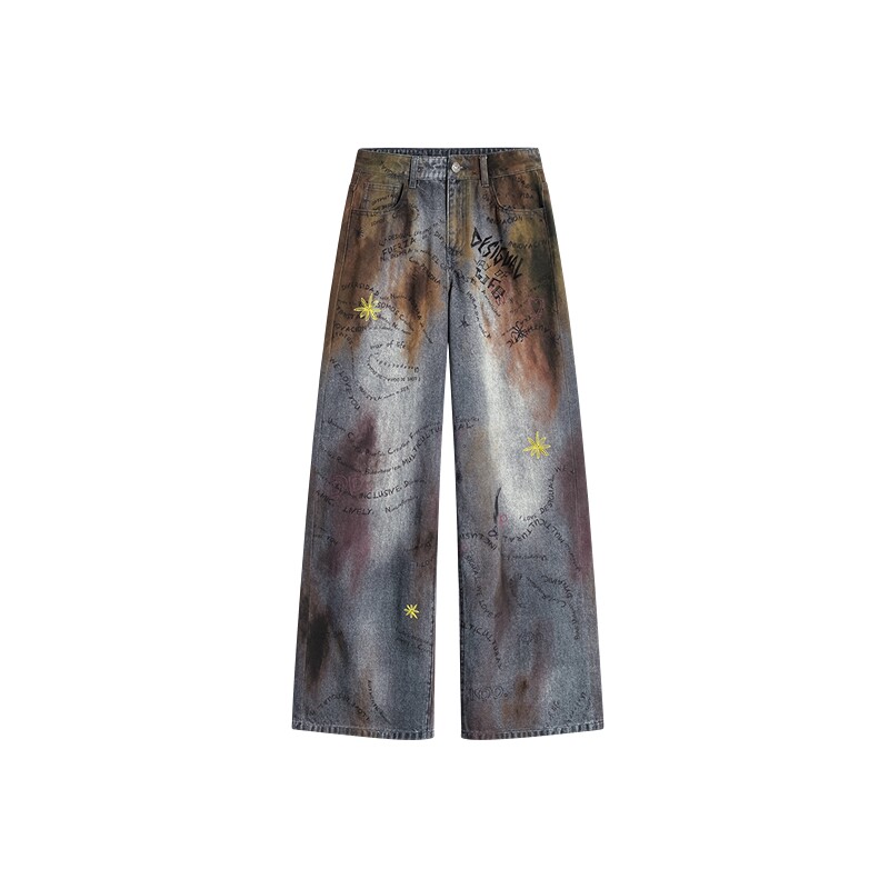 Desigual26秋冬新品彩虹晕染涂鸦印花阔腿女式牛仔裤