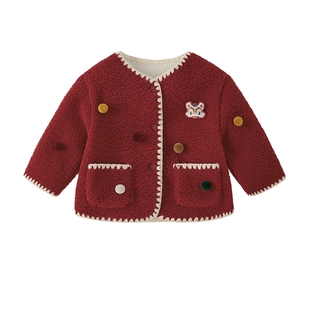 [保暖锁温]毛绒外套女童小童新年红色甜美宝宝婴幼儿外套儿童秋冬