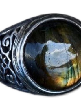 天然拉长石宝石镶嵌雕刻戒指纯银