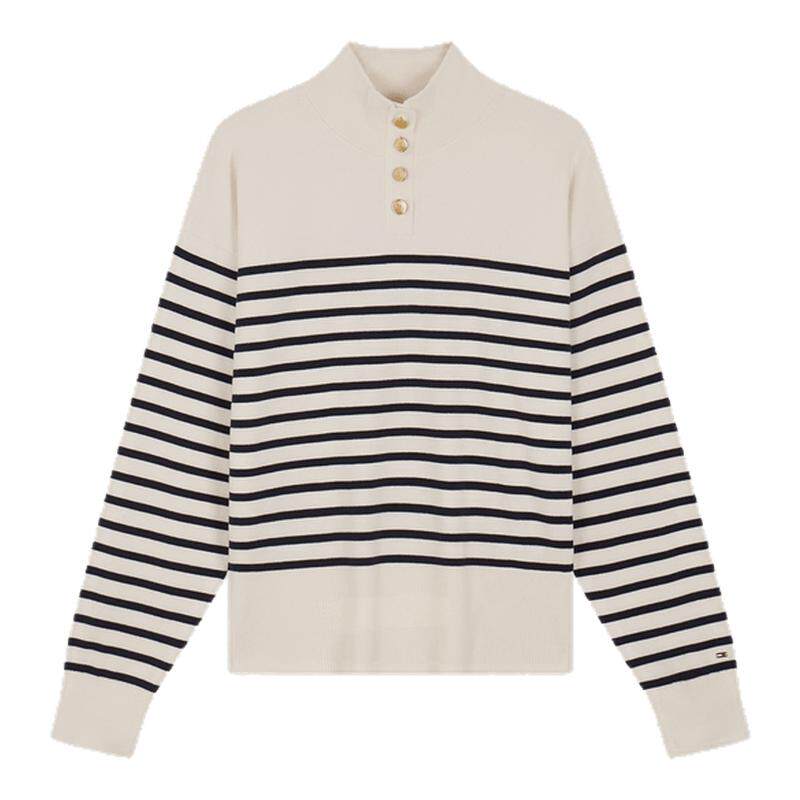 Tommy女金属扣半高领条纹针织衫