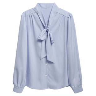 达佳诗蓝色衬衫女轻熟系带上衣职场正装春秋款面试通勤轻职业衬衣