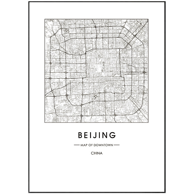 城市线描艺术风客厅装饰画地图