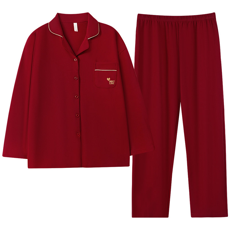 思馨坊情侣纯棉红色结婚秋冬睡衣