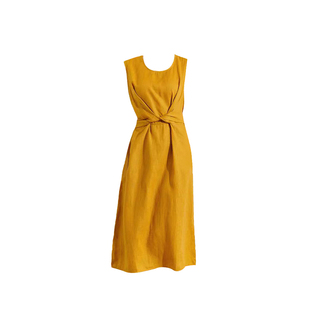 有间2025夏新款亚麻文艺无袖收腰长裙解构式扭结连衣裙女显瘦纯色