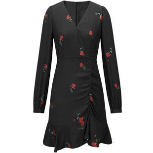 太平鸟雪纺碎花连衣裙女春长袖短款花边裙摆法式V领气质