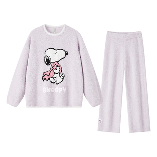 史努比半边绒睡衣女冬季可爱珊瑚绒加绒加厚家居服漂亮出门可外穿