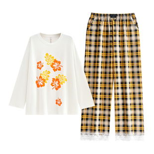 悦内带胸垫睡衣女款春秋季纯棉长袖家居服春装休闲圆领套头可外穿